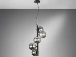 LED Pendelleuchte 5 flammig in Schwarz-Glaskugeln Rauchglas, Höhe 183cm