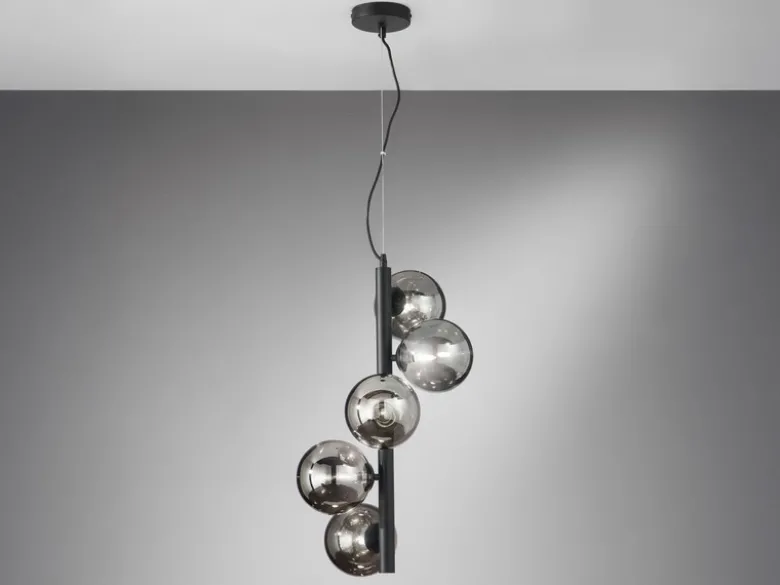 LED Pendelleuchte 5 flammig in Schwarz-Glaskugeln Rauchglas, Höhe 183cm