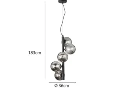 LED Pendelleuchte 5 flammig in Schwarz-Glaskugeln Rauchglas, Höhe 183cm