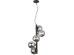 LED Pendelleuchte 5 flammig in Schwarz-Glaskugeln Rauchglas, Höhe 183cm
