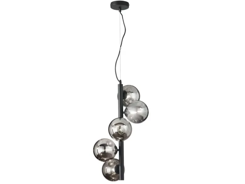 LED Pendelleuchte 5 flammig in Schwarz-Glaskugeln Rauchglas, Höhe 183cm