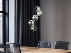 LED Pendelleuchte 5 flammig in Schwarz-Glaskugeln Rauchglas, Höhe 183cm