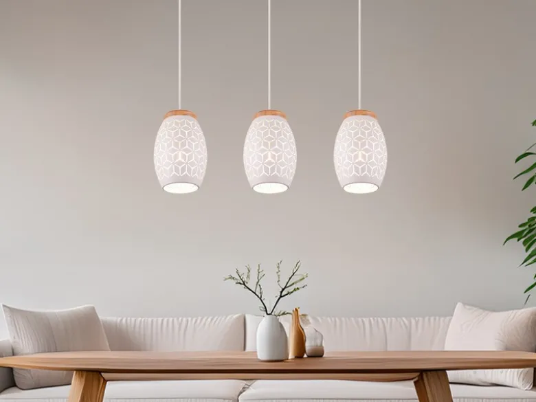 LED Pendelleuchte 3-flammig in Weiß mit ausgefallenem Stanzmuster, B: 71cm