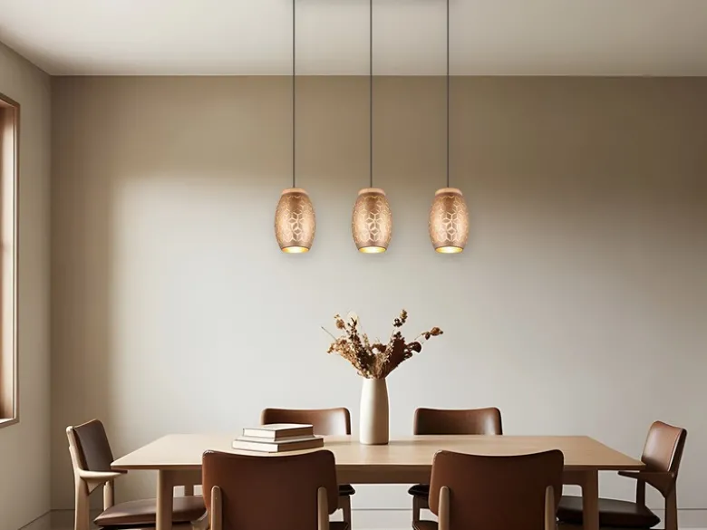 LED Pendelleuchte 3-flammig in Coffee mit ausgefallenem Stanzmuster, B: 71cm