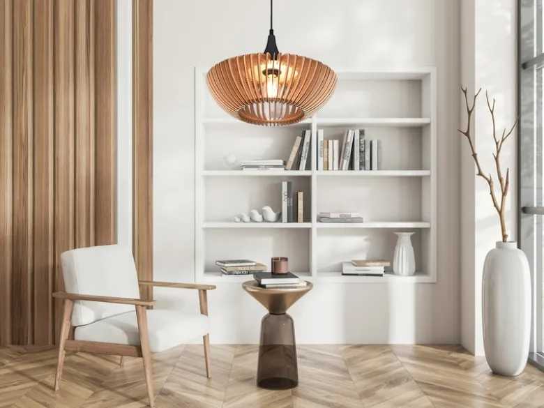 LED Pendelleuchte 1-flammig in Anthrazit & Naturholz Lamellenlampe, Ø 40 cm
