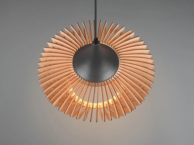 LED Pendelleuchte 1-flammig in Anthrazit & Naturholz Lamellenlampe, Ø 40 cm