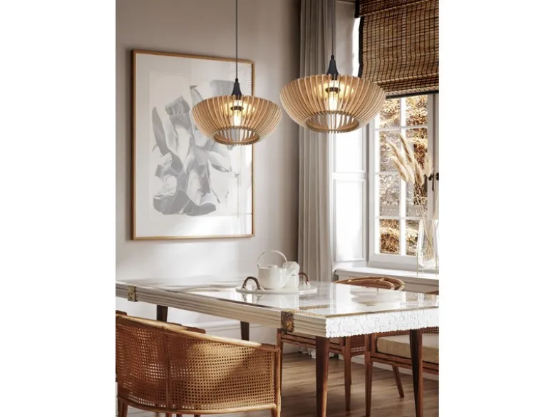 LED Pendelleuchte 1-flammig in Anthrazit & Naturholz Lamellenlampe, Ø 40 cm