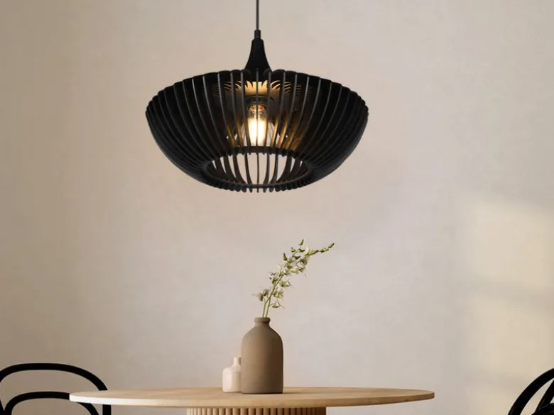 LED Pendelleuchte 1-flammig in Schwarz matt Holz Lamellenlampe, Ø 40 cm