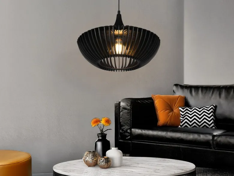 LED Pendelleuchte 1-flammig in Schwarz matt Holz Lamellenlampe, Ø 40 cm