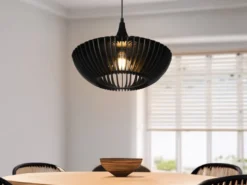 LED Pendelleuchte 1-flammig in Schwarz matt Holz Lamellenlampe, Ø 40 cm