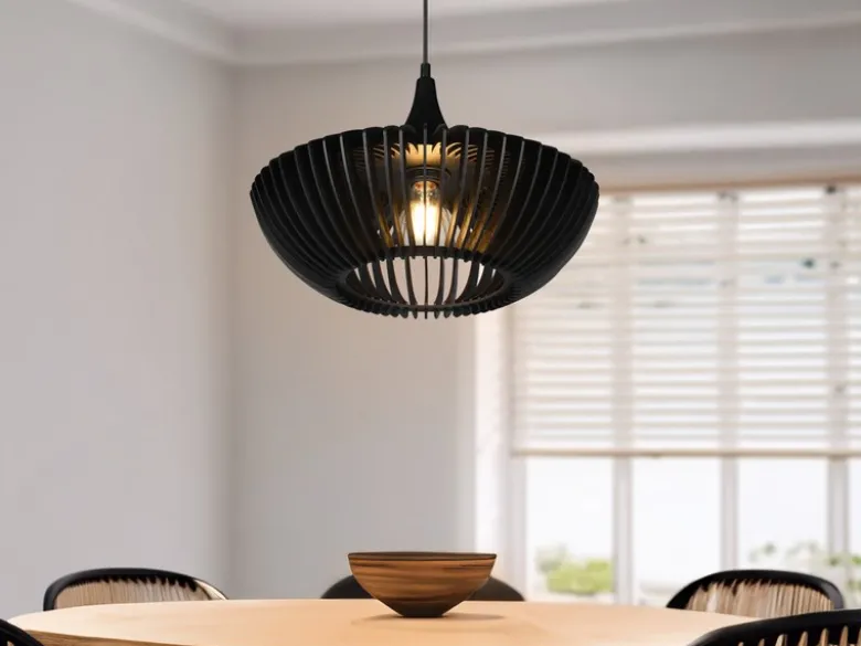 LED Pendelleuchte 1-flammig in Schwarz matt Holz Lamellenlampe, Ø 40 cm