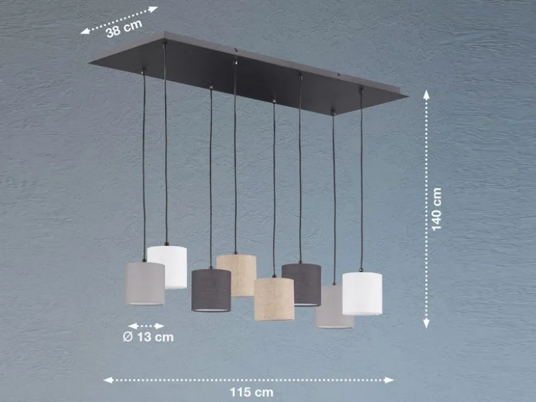LED Pendelleuchte 8-flammig lang Stoffschirme Bunt, Breite 115cm