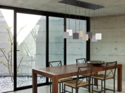 LED Pendelleuchte 8-flammig lang Stoffschirme Bunt, Breite 115cm