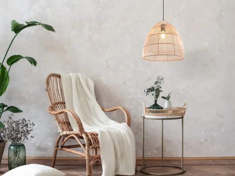 LED Pendelleuchte 1-flammig Lampenschirm Korbgeflecht aus Rattan, Ø 35cm