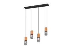 LED Pendelleuchte 4-flammig Lampenschirme Schwarz & Holz, Breite 65cm