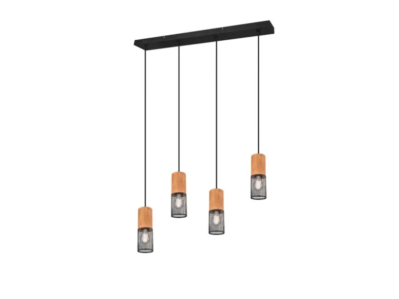 LED Pendelleuchte 4-flammig Lampenschirme Schwarz & Holz, Breite 65cm