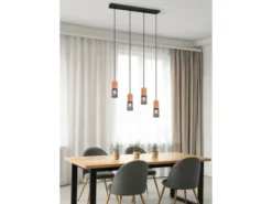 LED Pendelleuchte 4-flammig Lampenschirme Schwarz & Holz, Breite 65cm