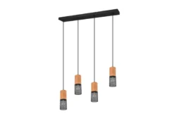LED Pendelleuchte 4-flammig Lampenschirme Schwarz & Holz, Breite 65cm