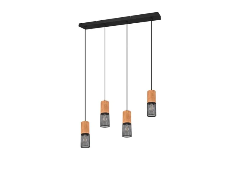 LED Pendelleuchte 4-flammig Lampenschirme Schwarz & Holz, Breite 65cm