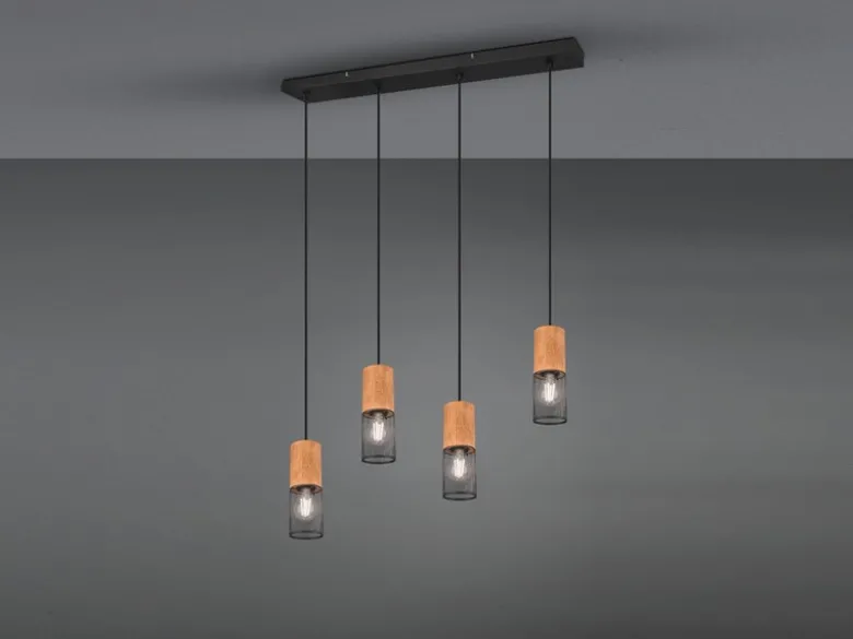 LED Pendelleuchte 4-flammig Lampenschirme Schwarz & Holz, Breite 65cm
