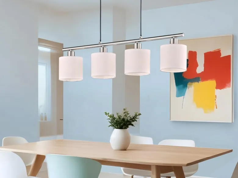 LED Pendelleuchte 4-flammig Lampenschirme Stoff Weiß, Breite 75cm