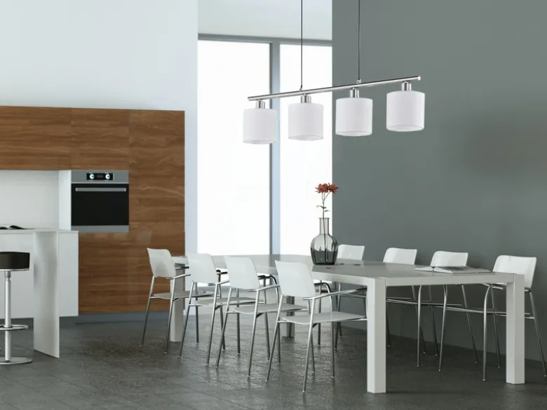 LED Pendelleuchte 4-flammig Lampenschirme Stoff Weiß, Breite 75cm