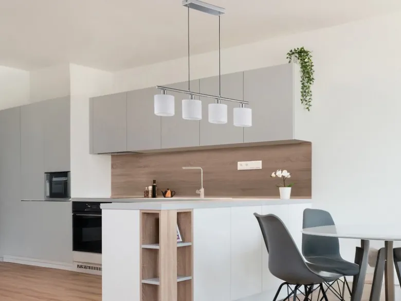 LED Pendelleuchte 4-flammig Lampenschirme Stoff Weiß, Breite 75cm