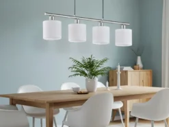 LED Pendelleuchte 4-flammig Lampenschirme Stoff Weiß, Breite 75cm