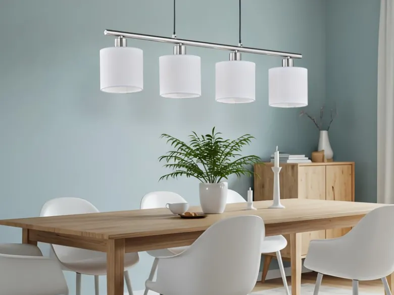 LED Pendelleuchte 4-flammig Lampenschirme Stoff Weiß, Breite 75cm