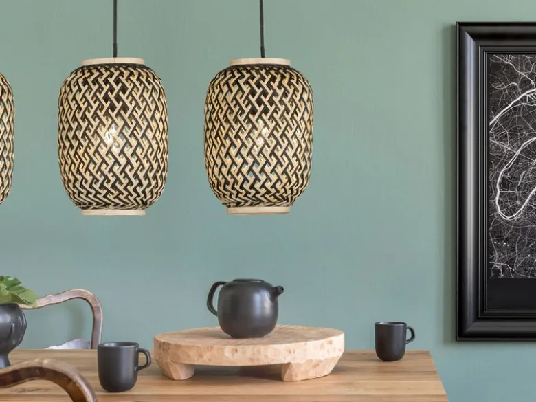 LED Pendelleuchte 3-flammig Lampenschirme mit Bambus Korbgeflecht, B: 69cm