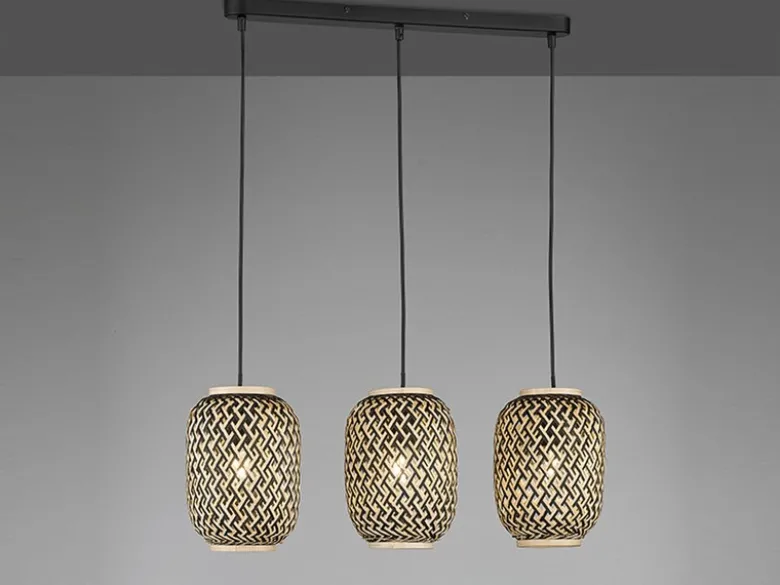 LED Pendelleuchte 3-flammig Lampenschirme mit Bambus Korbgeflecht, B: 69cm