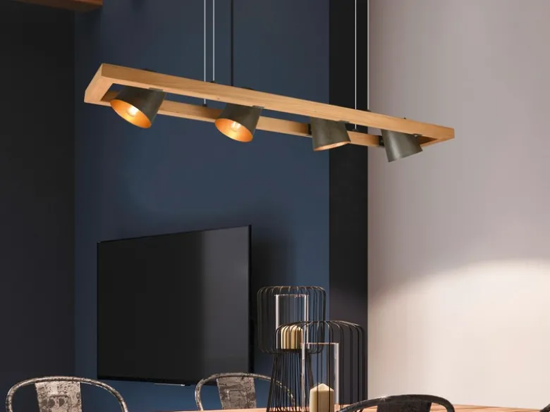LED Pendelleuchte 4-flammig Metallschirme schwenkbar im Holzrahmen, B: 100cm