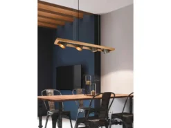 LED Pendelleuchte 4-flammig Metallschirme schwenkbar im Holzrahmen, B: 100cm