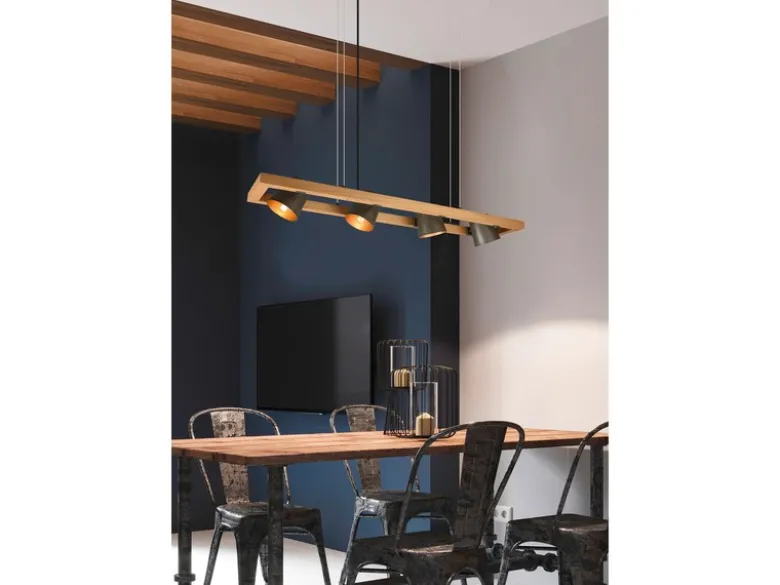 LED Pendelleuchte 4-flammig Metallschirme schwenkbar im Holzrahmen, B: 100cm