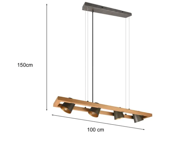 LED Pendelleuchte 4-flammig Metallschirme schwenkbar im Holzrahmen, B: 100cm