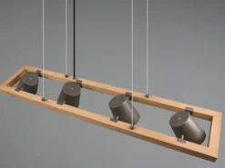 LED Pendelleuchte 4-flammig Metallschirme schwenkbar im Holzrahmen, B: 100cm