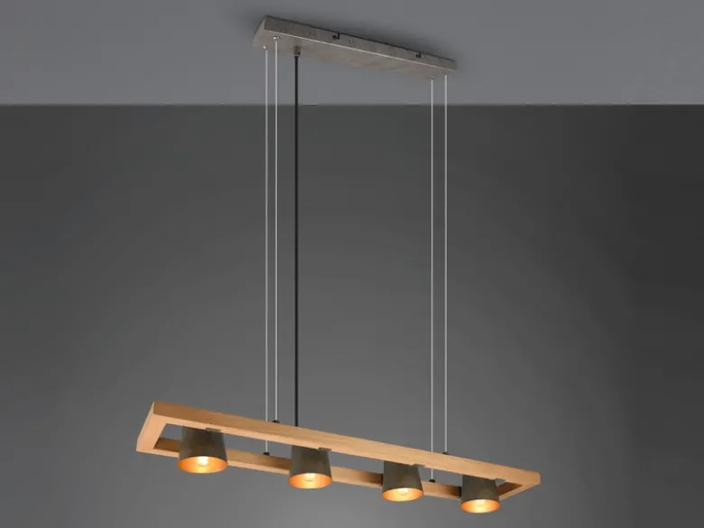 LED Pendelleuchte 4-flammig Metallschirme schwenkbar im Holzrahmen, B: 100cm