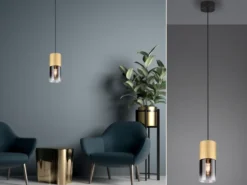 LED Pendelleuchte 1-flammig Messing matt mit Rauchglas Schirm, Ø 10cm