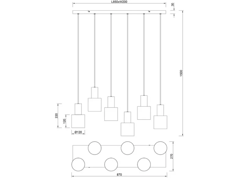 LED Pendelleuchte 6-flammig Metall Coffee Töne, Breite 85cm