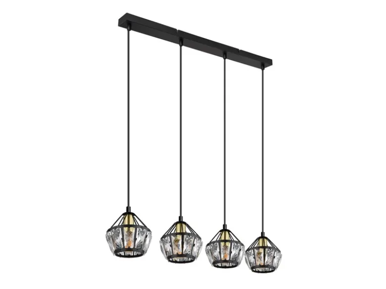 LED Pendelleuchte 4-flammig Metall Schwarz Gold mit Glaskristallen, Breite 73cm