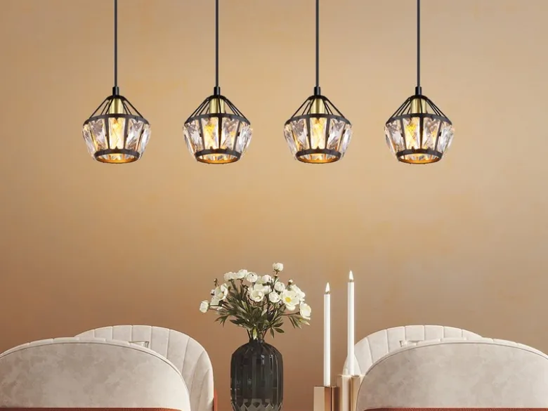LED Pendelleuchte 4-flammig Metall Schwarz Gold mit Glaskristallen, Breite 73cm