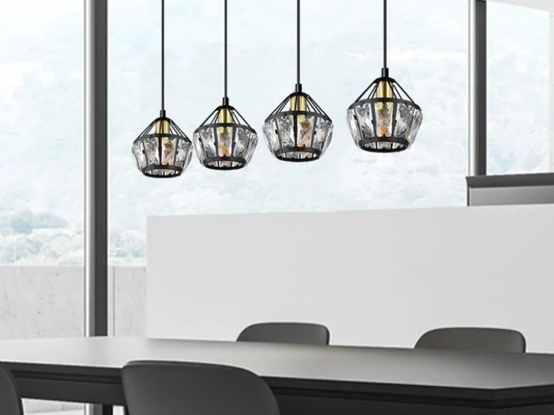 LED Pendelleuchte 4-flammig Metall Schwarz Gold mit Glaskristallen, Breite 73cm