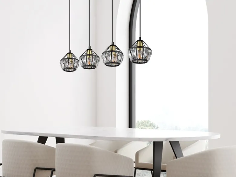 LED Pendelleuchte 4-flammig Metall Schwarz Gold mit Glaskristallen, Breite 73cm