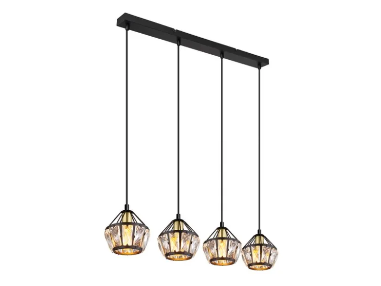 LED Pendelleuchte 4-flammig Metall Schwarz Gold mit Glaskristallen, Breite 73cm