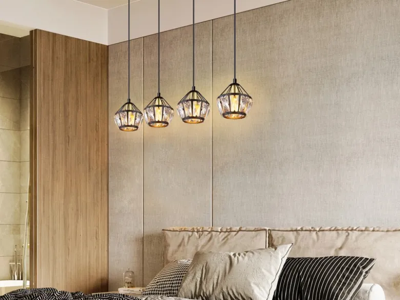 LED Pendelleuchte 4-flammig Metall Schwarz Gold mit Glaskristallen, Breite 73cm