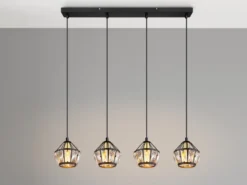 LED Pendelleuchte 4-flammig Metall Schwarz Gold mit Glaskristallen, Breite 73cm