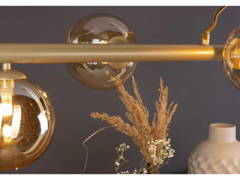 LED Pendelleuchte 6 flammig Messing & Amberglas, Breite 144cm