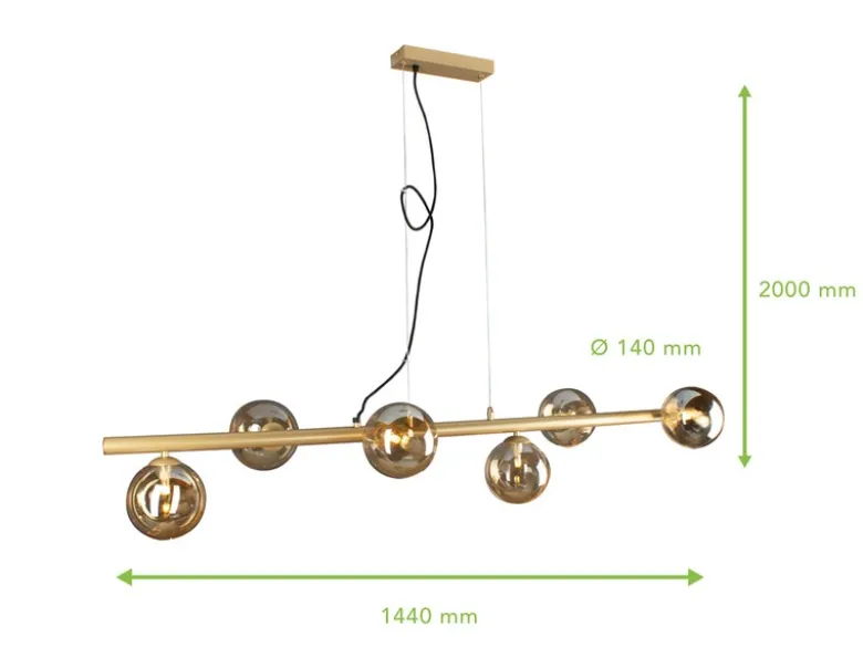 LED Pendelleuchte 6 flammig Messing & Amberglas, Breite 144cm