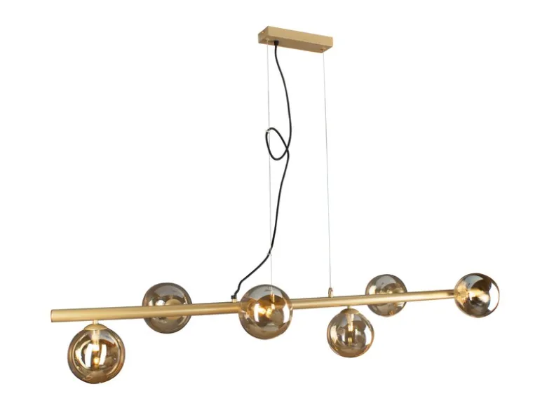 LED Pendelleuchte 6 flammig Messing & Amberglas, Breite 144cm