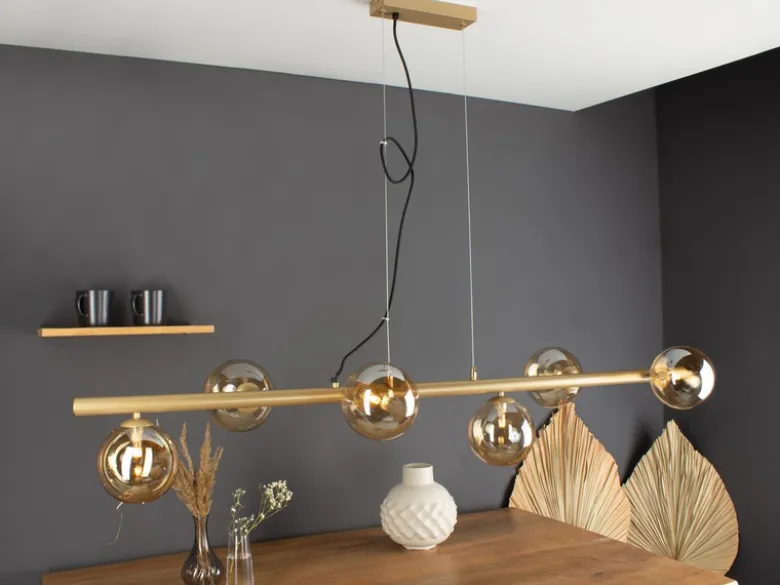 LED Pendelleuchte 6 flammig Messing & Amberglas, Breite 144cm